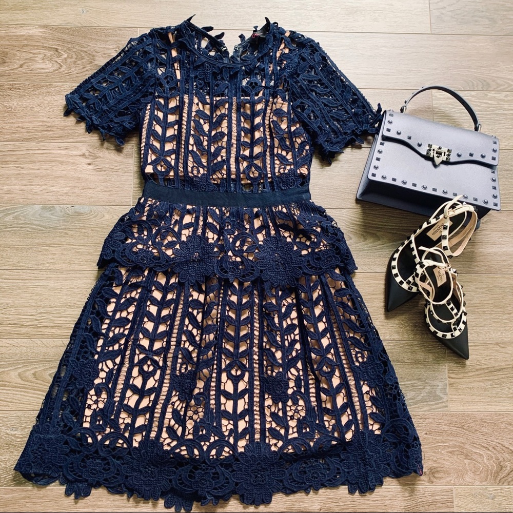 (Sz S) Aqua Double Layer Lace Blue Navy Dress